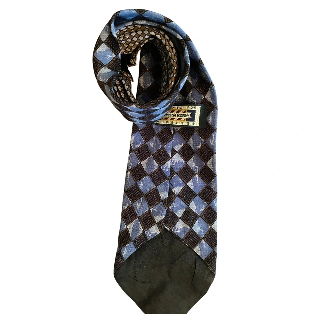 Hunting Horn J Riggins Mens Blue Brown Diamond Harlequin Pattern Silk Blend‎ Tie